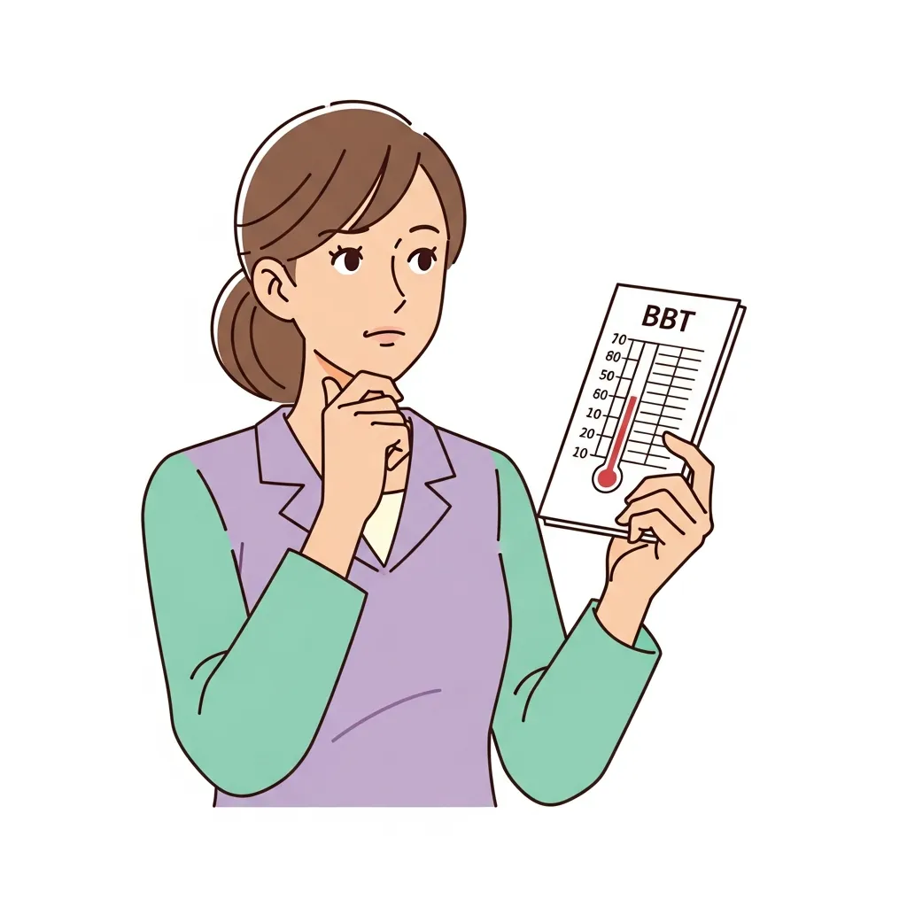 妊活中の女性が基礎体温表を見ながら考え込んでいるイラスト。温かみのある色調。