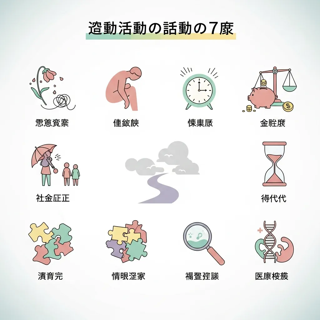 妊活が辛い7つの原因を示す俯瞰イラスト