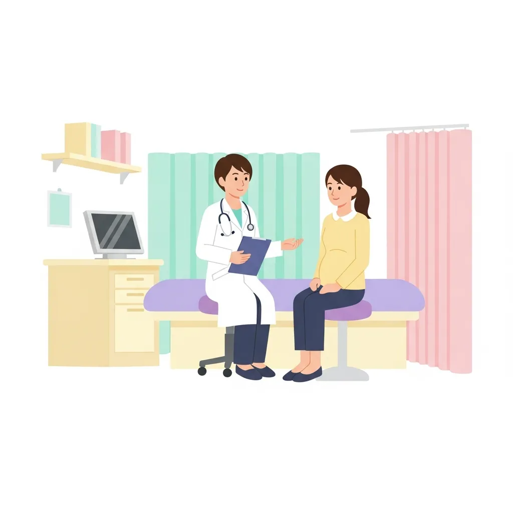 婦人科の診察室で医師と患者が相談しているイラスト。清潔感のある落ち着いた色調。