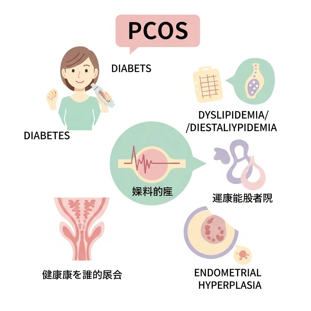 PCOSと関連する健康リスク（糖尿病、脂質異常、子宮内膜増殖症）を図解したインフォグラフィック。医療的だが親しみやすいデザイン。