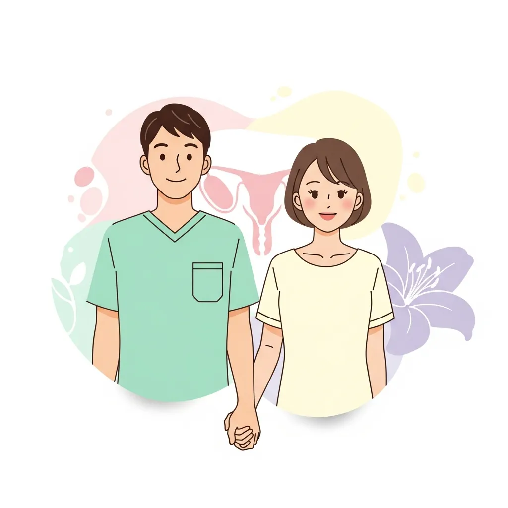 前向きな妊活カップルのイラスト。希望を感じさせる温かいトーン。