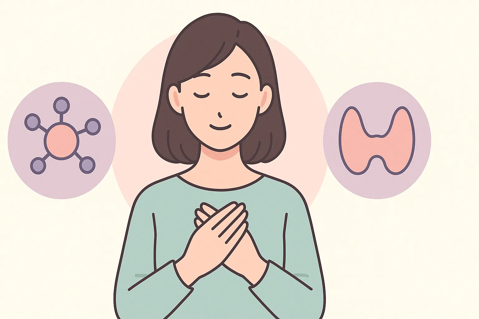 セレンが抗酸化酵素と甲状腺ホルモン代謝に関わることを穏やかに示すイラスト