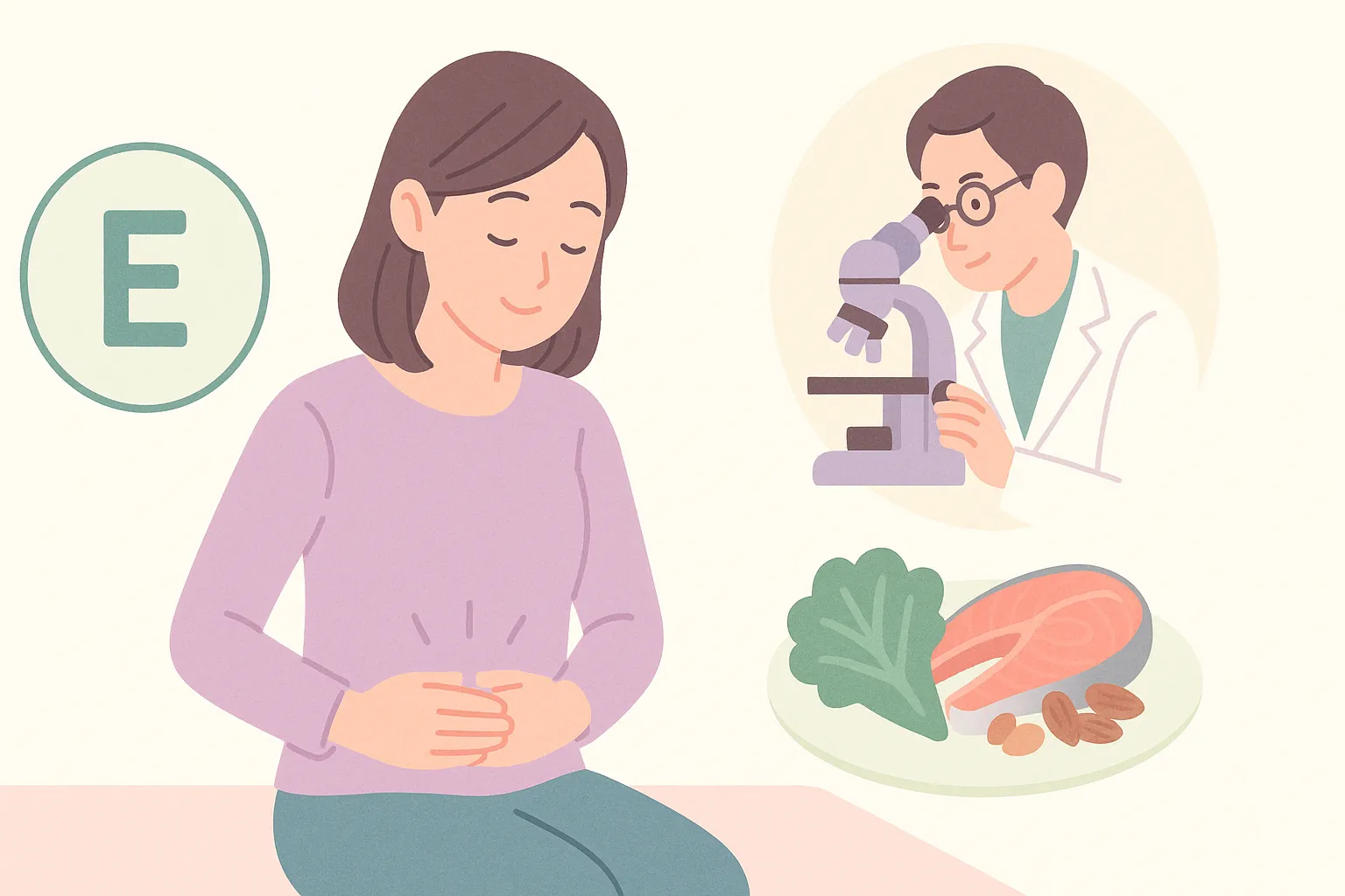 妊活の栄養素としてビタミンEが研究分野で注目されていることを穏やかに表すイラスト