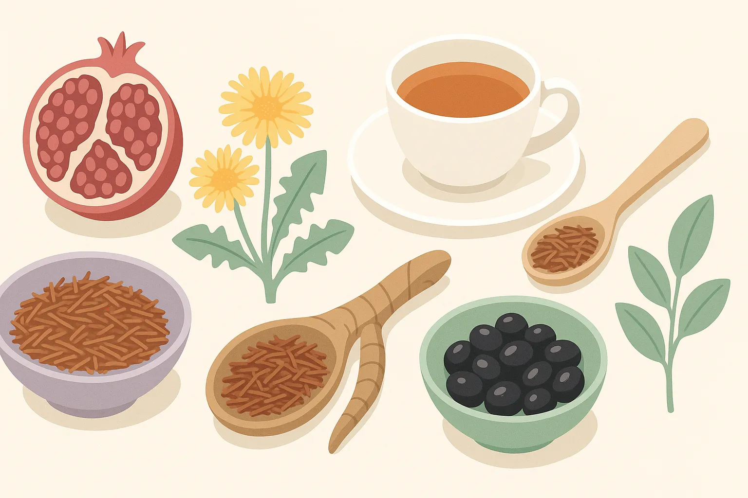 ルイボス・ザクロ・たんぽぽ茶・黒豆茶など様々なお茶の素材を並べたフラットレイ
