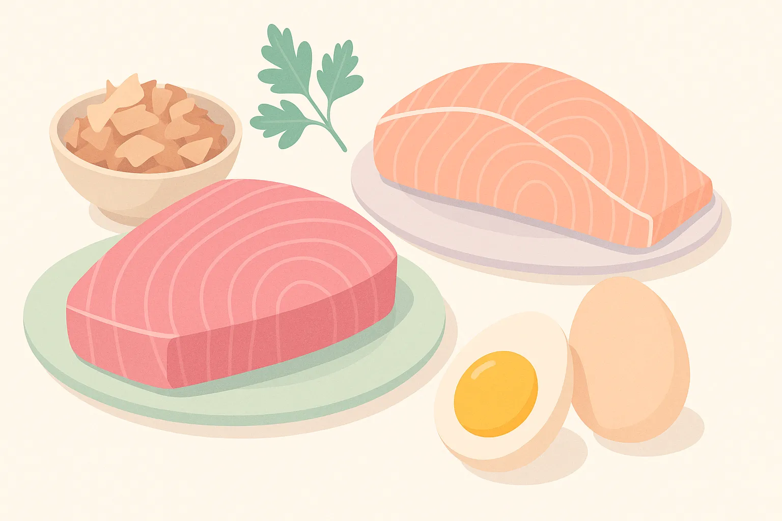 まぐろ・かつお節・卵などセレンを多く含む食材を並べたイラスト