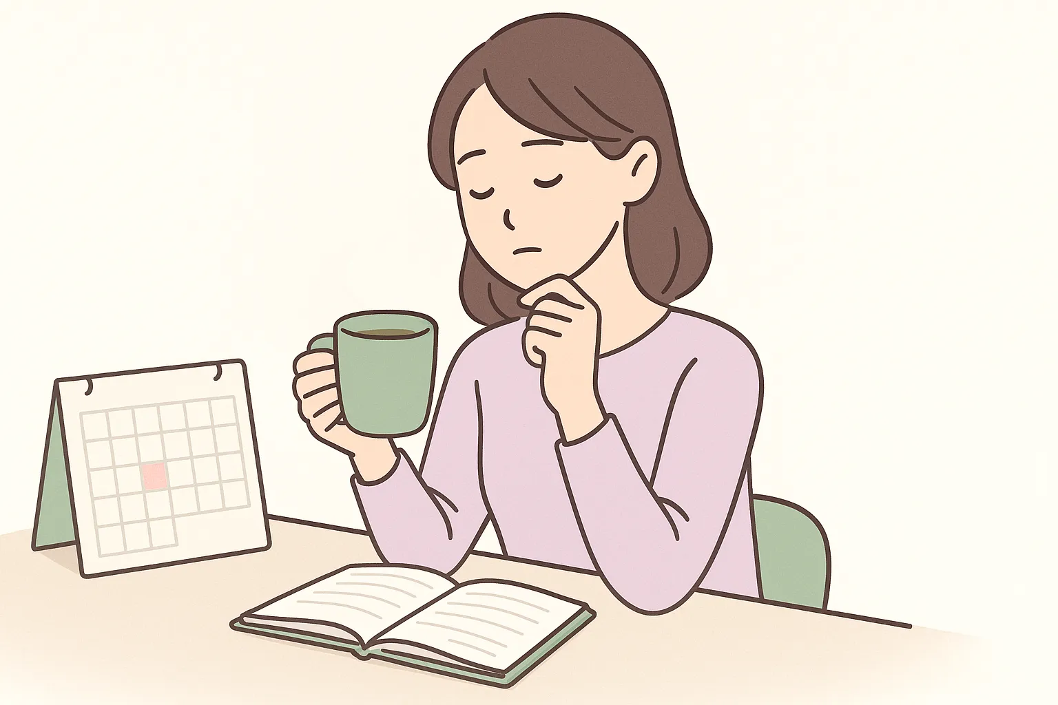 お茶を片手にカレンダーや手帳を見ながら体調を考える女性