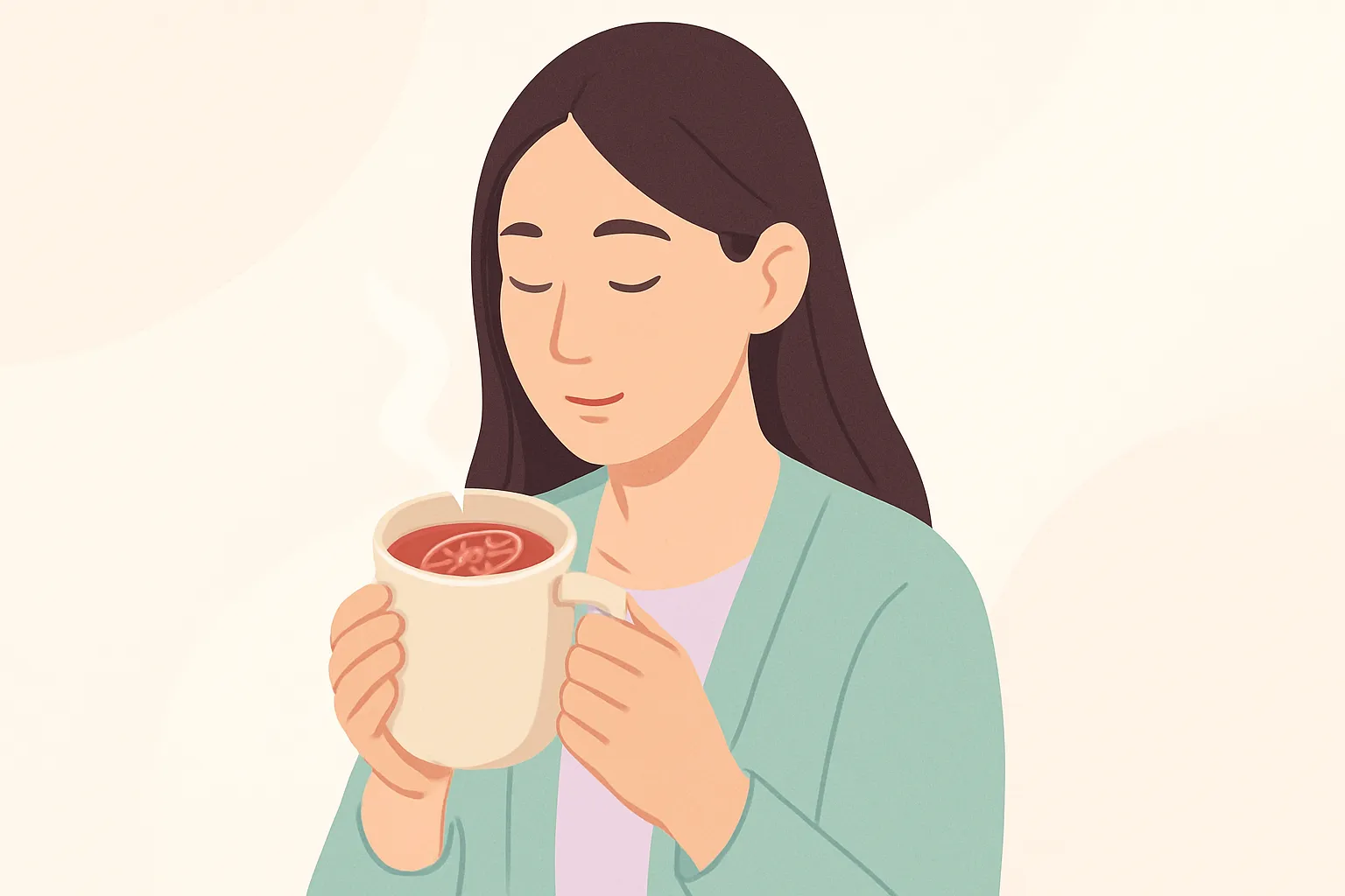 温かいザクロ入りのお茶をマグカップで飲んでいる落ち着いた様子