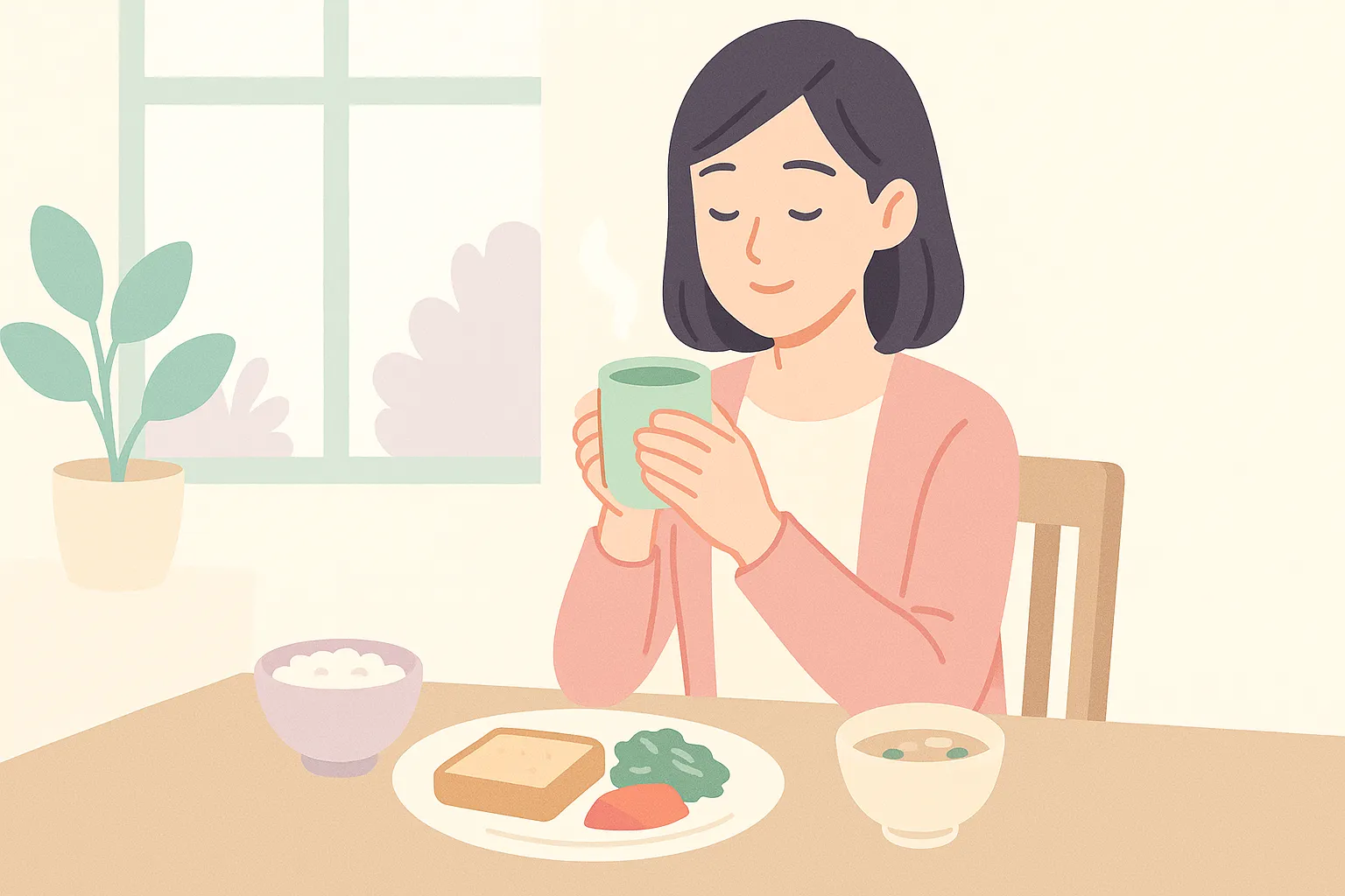 朝の食卓で温かいお茶を飲みながらくつろぐ生活シーンのイメージ