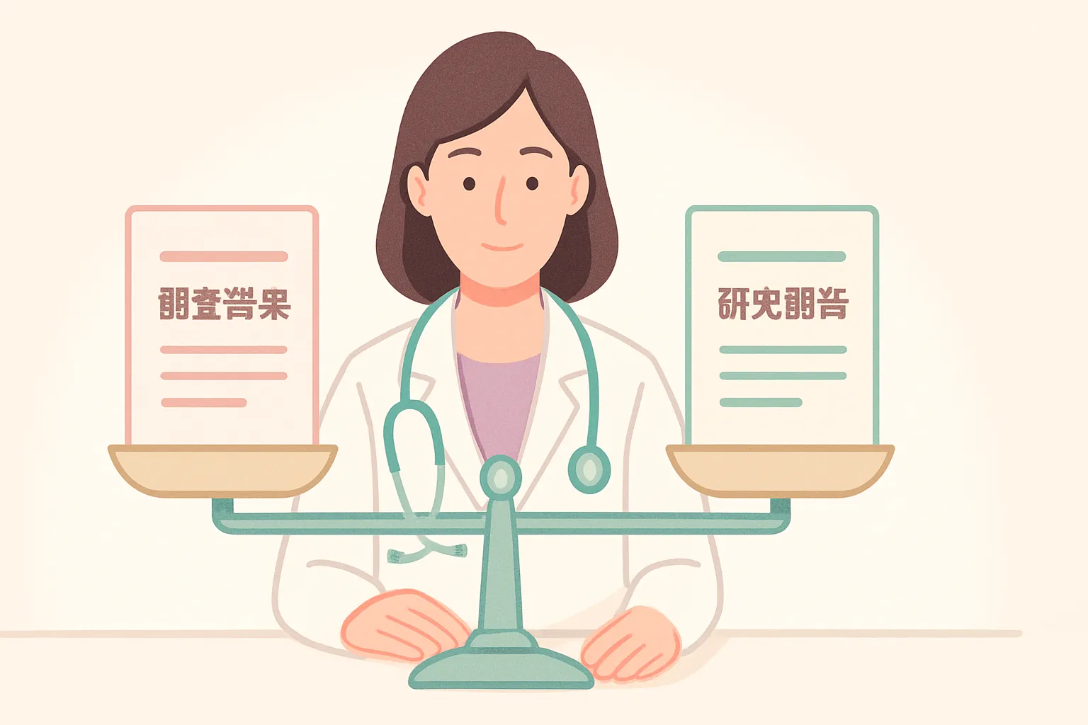 天秤に「調査結果」と「研究報告」を乗せて中立に検討するイメージ