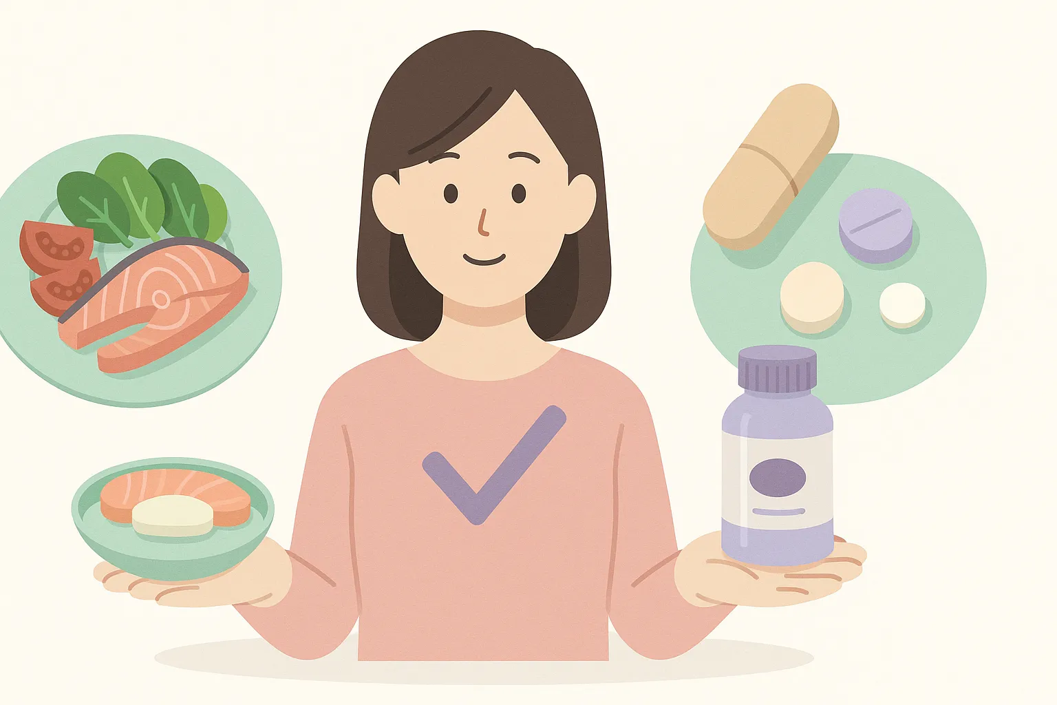 セレンは食事を基本にしサプリは補助として重複を確認する役割分担を示す図解イラスト