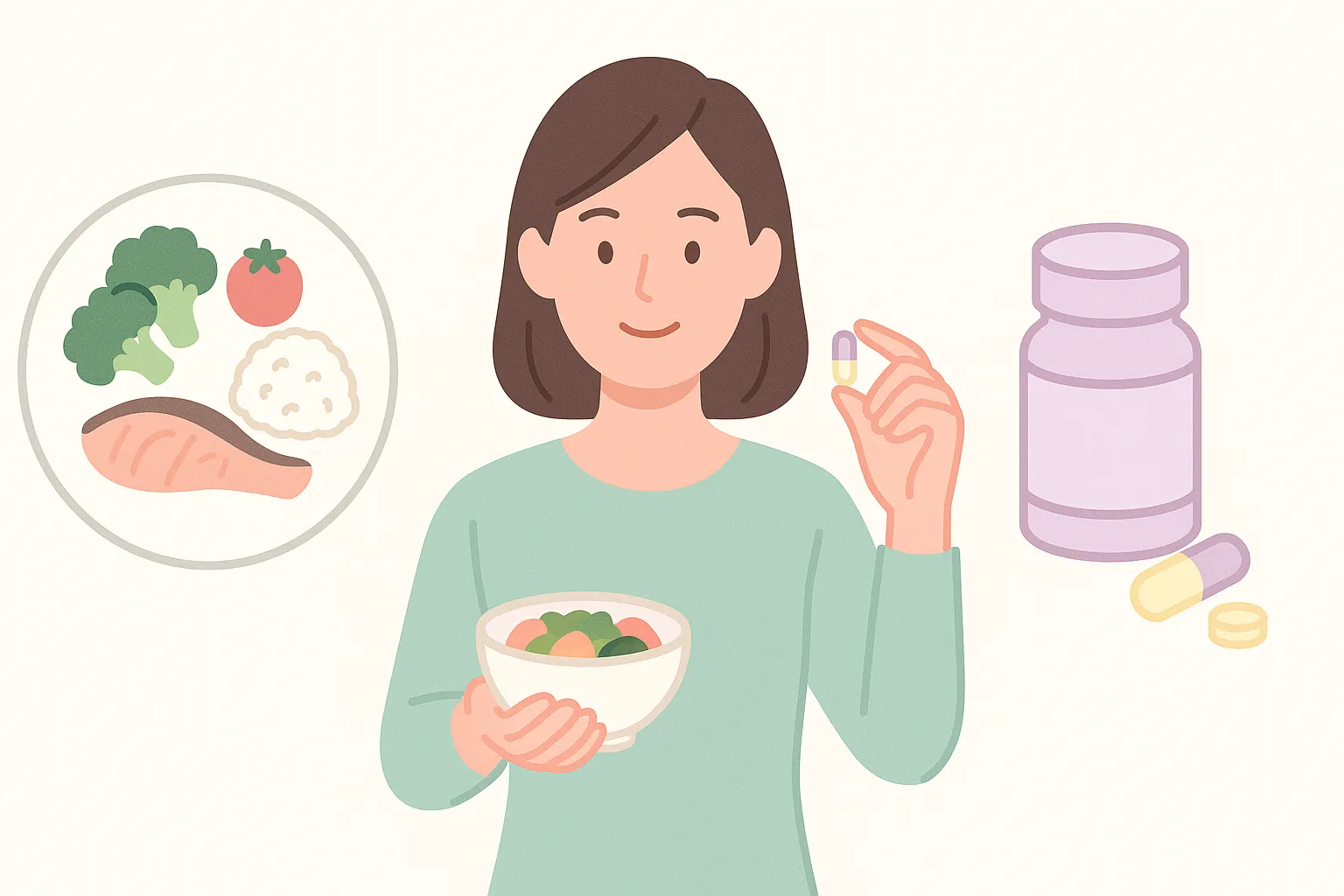 食事を基本にしつつサプリを補助として使う役割分担を示す図解イラスト