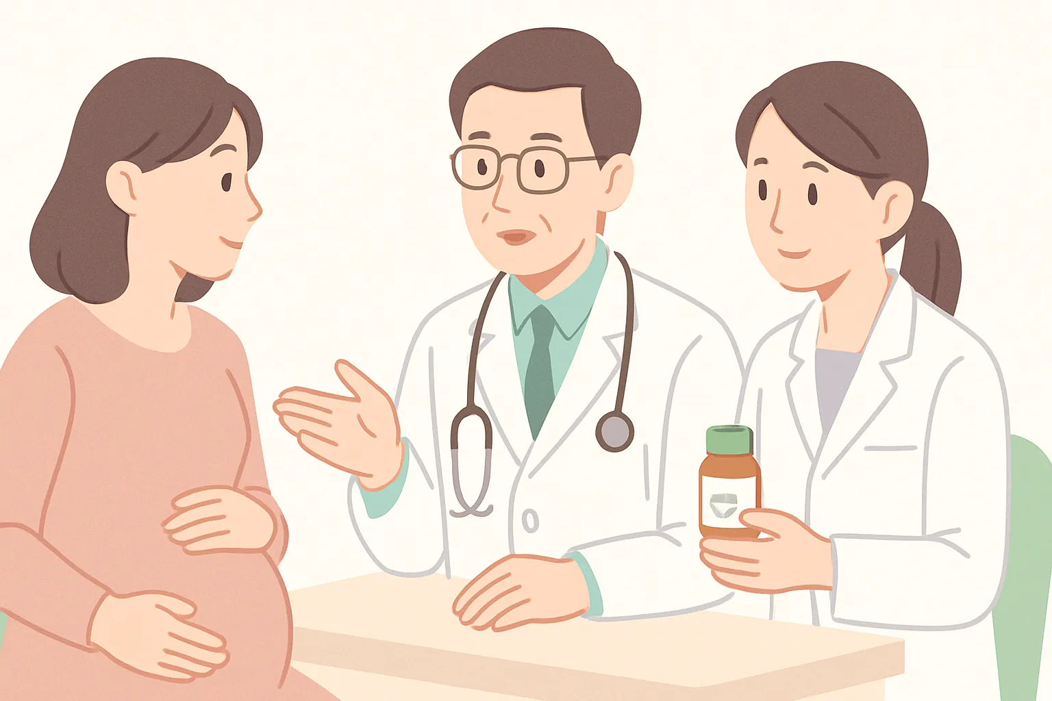妊娠中の女性が医師・薬剤師に相談している安心感のある場面