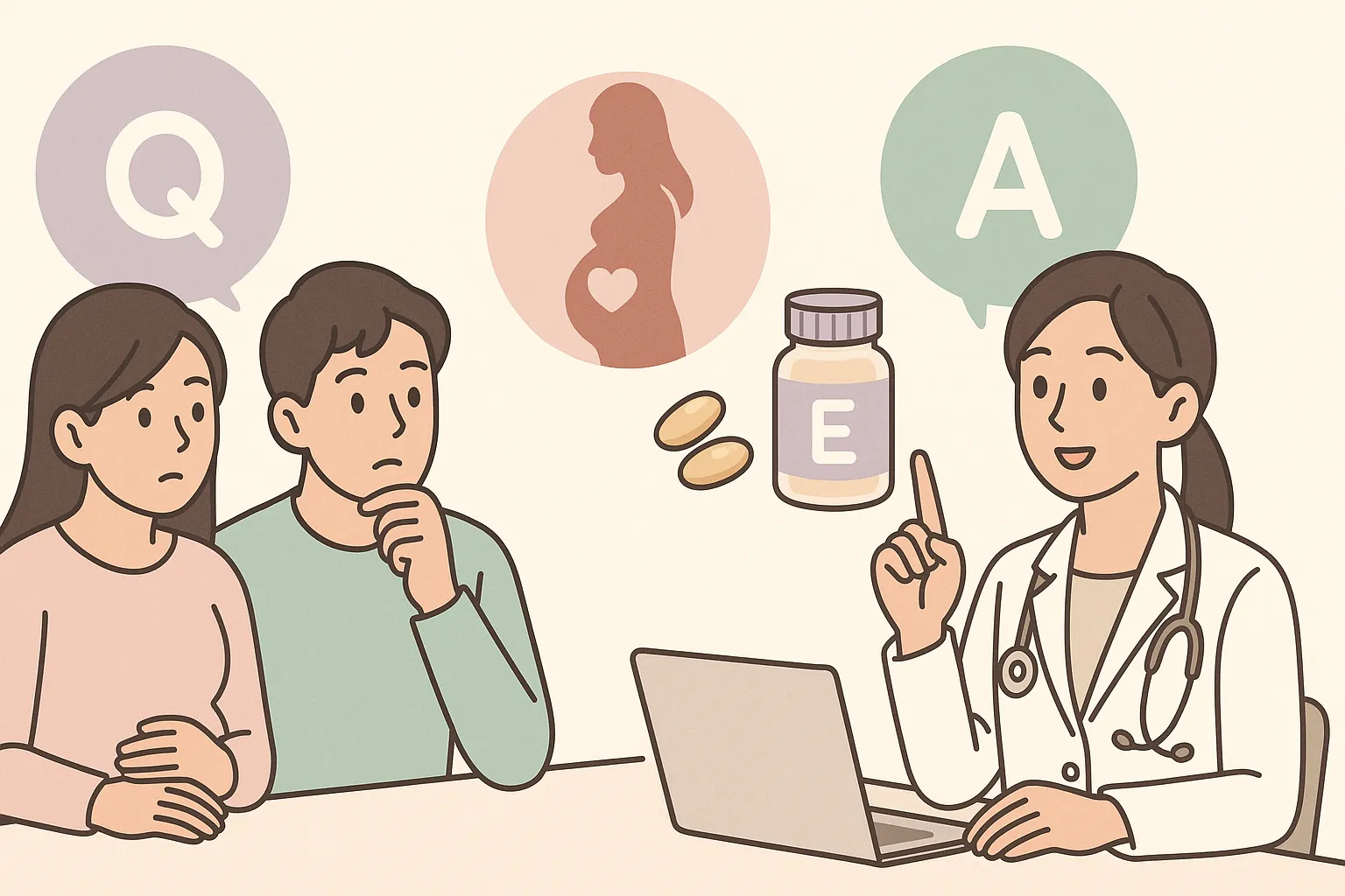 妊活とビタミンEに関するよくある質問を表すQ&A風のイラスト