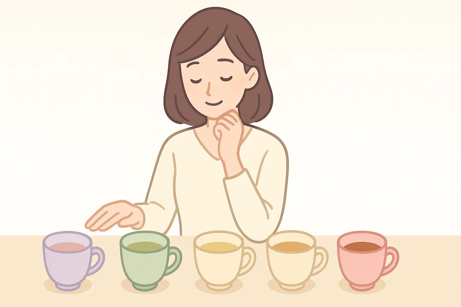 複数の種類のお茶を前に自分に合う一杯を選ぶ女性のあたたかいイメージ