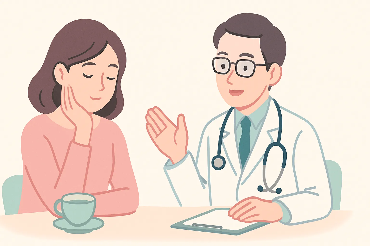 お茶を前に医師相談を検討する女性のやさしいイメージ