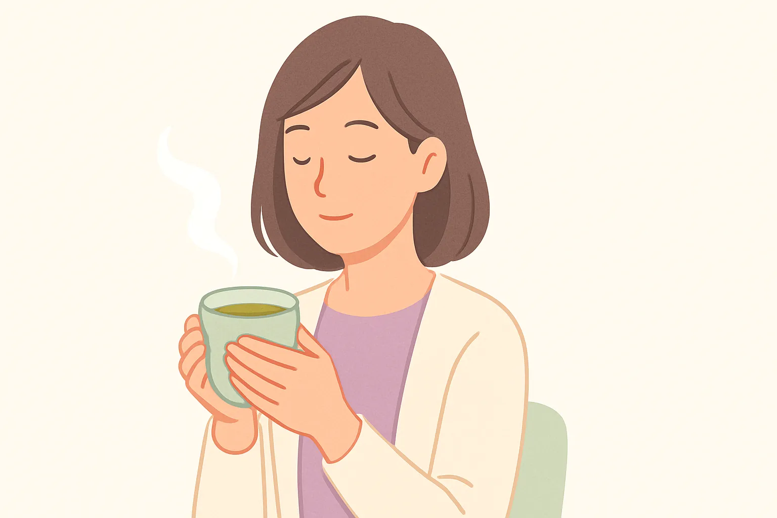 温かいお茶でほっと一息つく女性の穏やかなイメージ