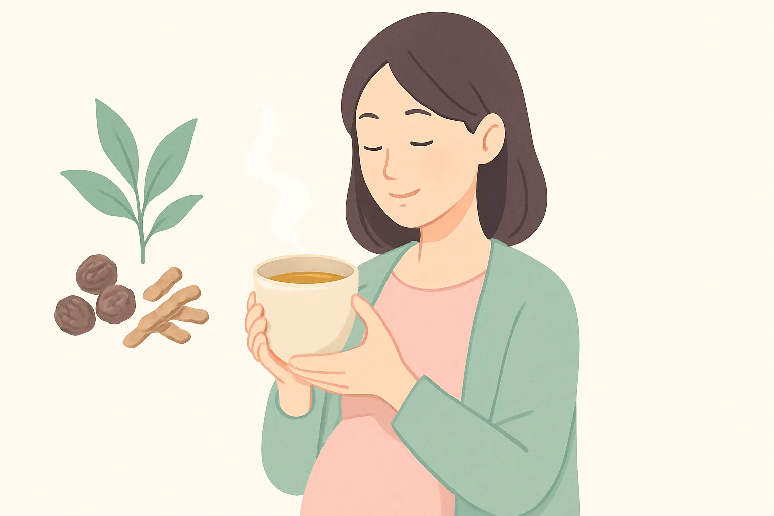 妊活中の女性が温かい和漢茶を手に穏やかに過ごすまとめのイメージ