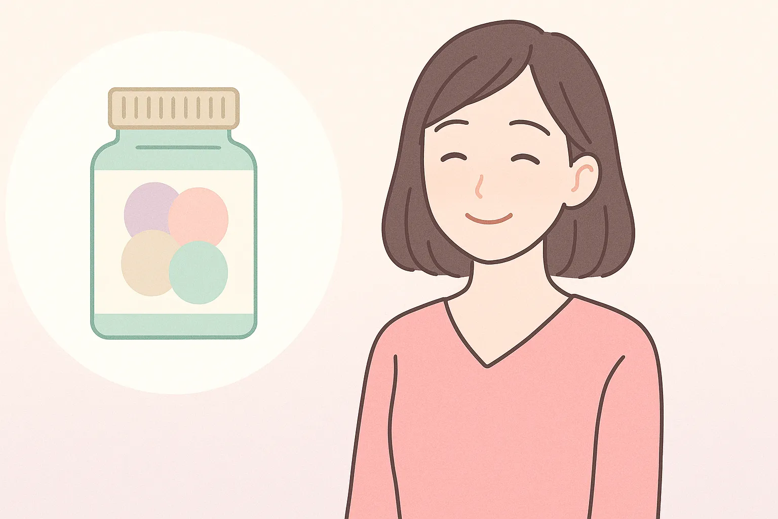 必要な成分がまとまったサプリと笑顔の女性のイメージ
