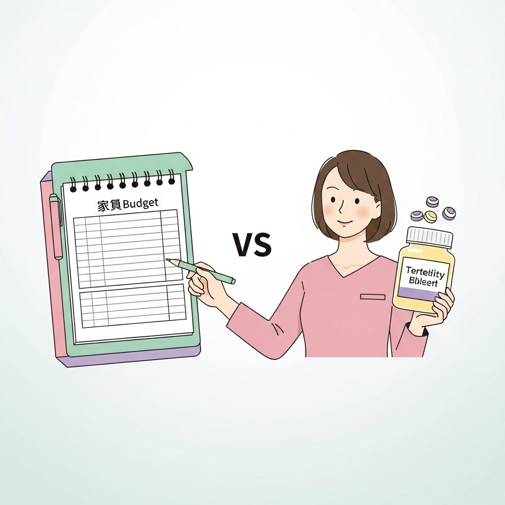 家計簿と妊活サプリを見比べる女性
